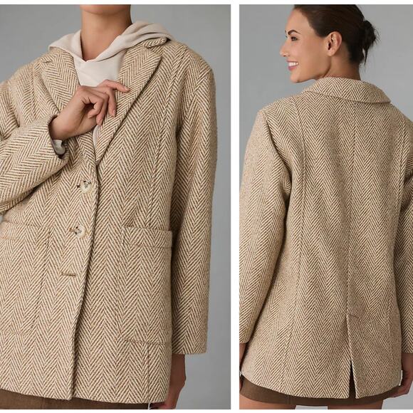 ANTHROPOLOGIE x PILCRO Brushed Herringbone Blazer Coat Tan Cream Sz XL NWT {176} - Picture 2 of 2